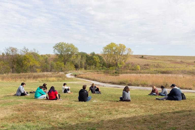 Students in Assistant Professor of Emerging Media Arts Jesse Reding Fleming’s Innovation Studio course Emergent Strategies for Regenerative Futures visited Audubon Spring Creek Prairie in October to help them contemplate nature. Photo by Eddy Aldana.