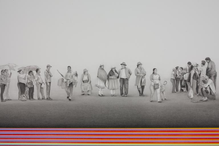 Francisco Souto, “Long Food Line (detail)”, graphite and acrylic, 96” x 24”, 2016. From the collection of Marc and Kathy LeBaron.