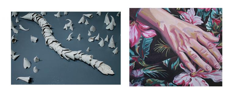 (left) Phalin Strong, "Spawn," porcelain, 48" x 32", 2013, (right) Phoebe Little, "Hand Study," oil on canvas, 12" x 14", 2014.
