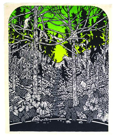 Josh Winkler, “the light of the green tunnel,” color woodcut, 20” x 16”, 2018.