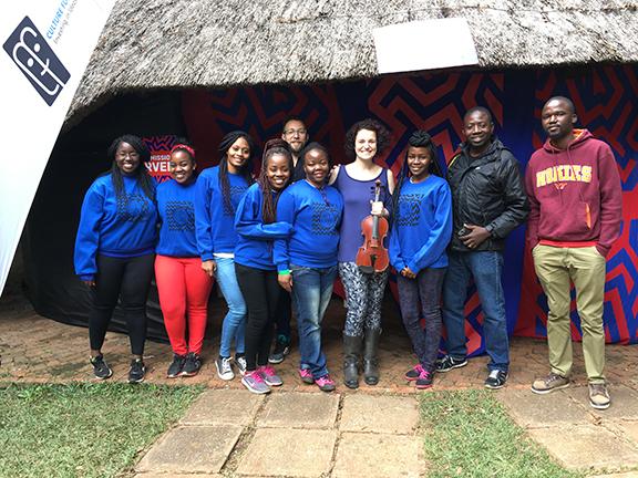 Rebecca Fischer (fourth from left) and Anthony Hawley (fifth from left) with their workshop participants at the Hirare International Arts Festival. 
