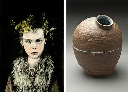 (left) James Cates,  Savannah College of Art and Design, "Innocence: Feral Child," lithography, 19" x 13", 2013, and (right)Wansoo Kim, Grand Valley State University, “Reversal," clay, feldspar, 18" x 12", 2014.