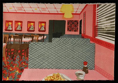 Stella Ebner, "Chinese Restaurant," 2008, screenprint on Japanese paper, 25" x 36".