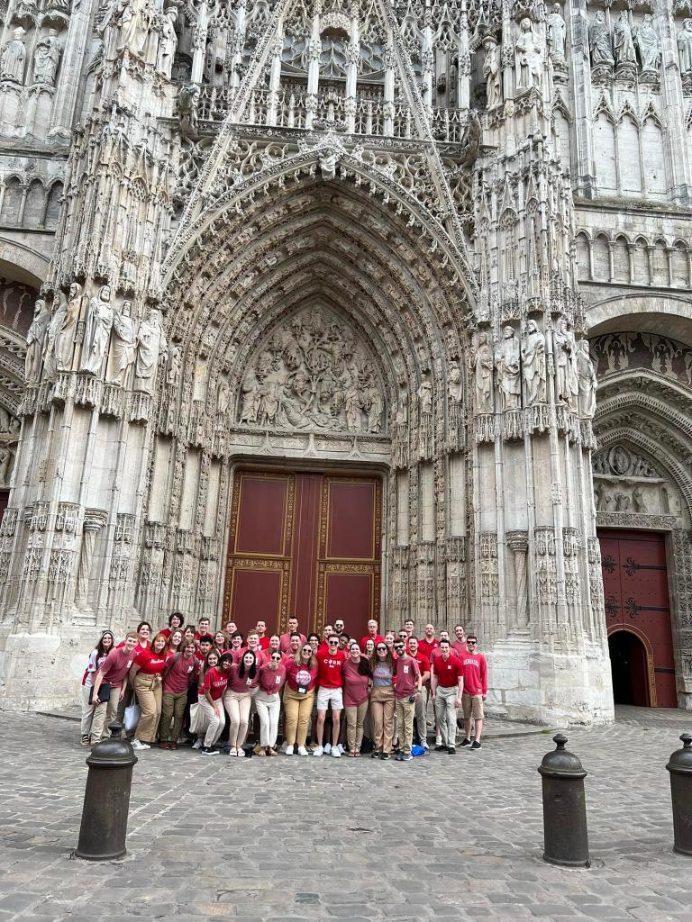 UNL choirs in front of the Rouen Gothic Cathedral, France’s tallest cathedral. Courtesy photo.