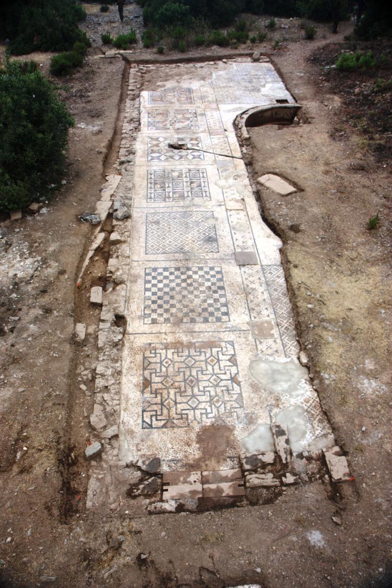 An overhead perspective of the roughly 40 percent of the mosaic uncovered by Michael Hoff's team in the summer of 2013 near a 25-foot-long Roman bath. Its total area was approximately 1,600 square feet when it was fully unearthed. Courtesy photo.