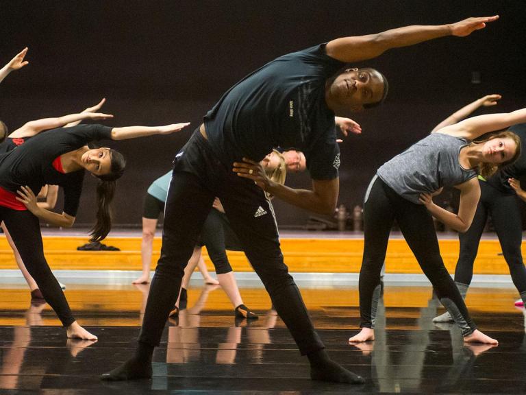 Members of Alvin Ailey’s American Dance Theater conducting a masterclass to students in the dance program of the Glenn Korff School of Music prior to their performance at the Lied Center for Performing Arts.