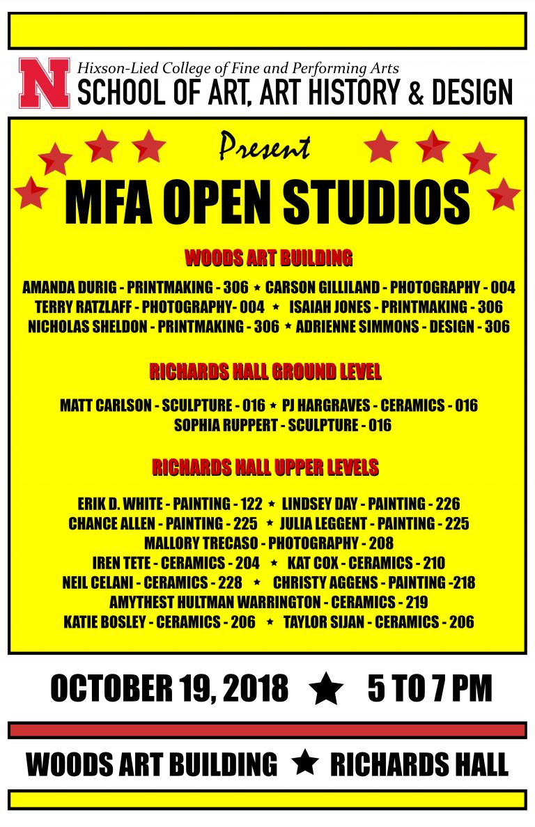 The Fall MFA Open Studios event is Oct. 19 from 5-7 p.m. in Richards Hall and Woods Art Building.