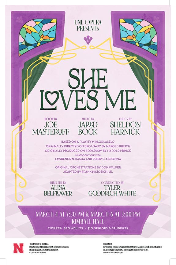 “She Loves Me” features a book by Joe Masteroff, lyrics by Sheldon Harnick and music by Jerry Bock. It premiered on Broadway in 1963. UNL Opera’s production is directed by Alisa Belflower, coordinator of musical theatre studies at UNL.