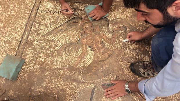 The mythological figure Ganymede appears in this detail of the mosaic paving for an ancient latrine discovered last summer near the town center of the ancient city of Antiochia ad Cragum. Courtesy photo.