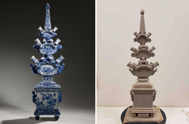 Left: The original object from the Amsterdam Museum:  Tulip Vase, 1675-1699, delft, pottery, located at the Amsterdam Museum, Netherland, purchased in 1966; Right: The recreated tulip vase by Amythest Warrington, in progress.