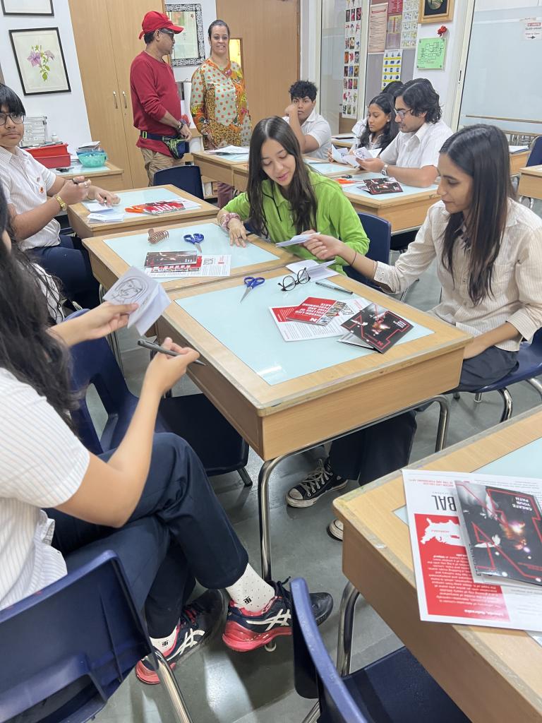 Students work on zines in a workshop taught by Jen Landis at Shri Ram School-Moulsari campus in New Delhi, India. Photo by Jen Landis.